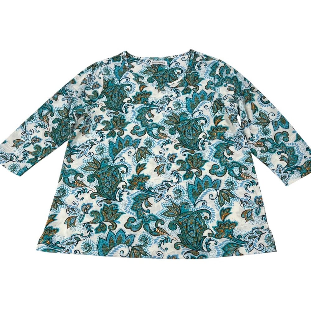 Emily Daniels Womens XL Paisley Print Tunic Top‎ Blue & Orange Stretch Fabric